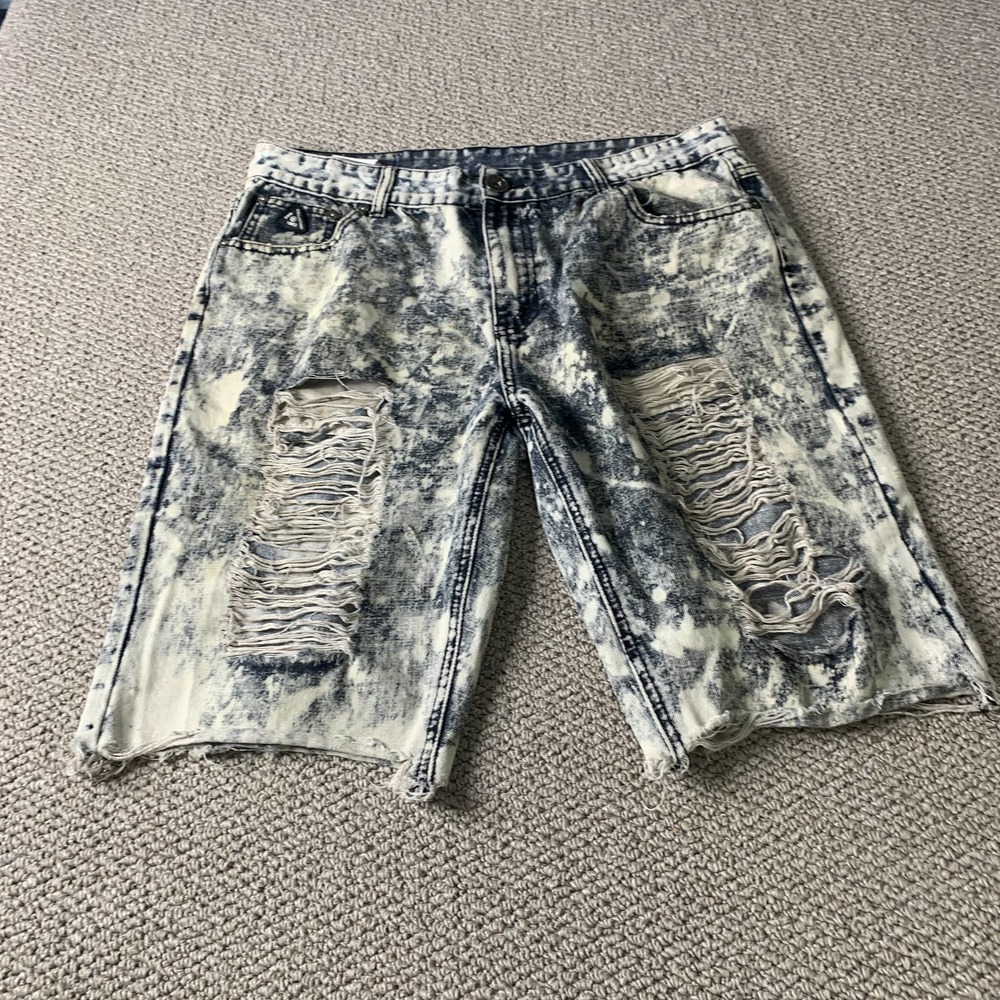 DNM Collection Mens Shorts‎ Size 38 Blue Acid Wash Denim Distressed Pockets